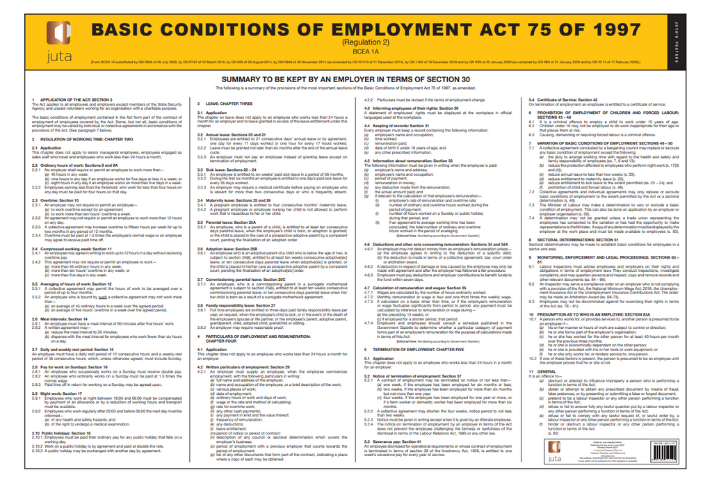 Basic Conditions Of Employment Act 75 Of 1997 2023 Revised Poster Basic Conditions Of Employment Act 75 Of 1997 2023 Revised Poster