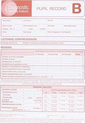 DIAGNOSTIC READING ANALYSIS PUPIL RECORD SHEET B (10 COPIES)