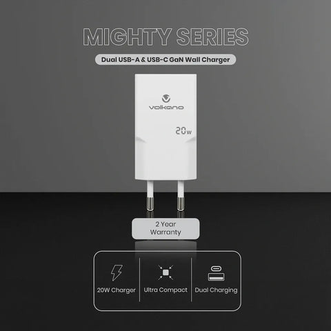 Volkano Mighty Series 20w Dual USB-A & USB-C GaN Wall Charger