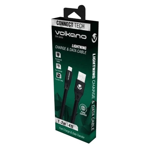 Volkano Slim Series Flat PVC Lightning Cable 1.2m - Black