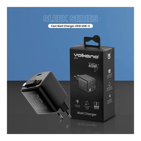 Volkano Sleek Series Fast Wall Charger 45W USB-C with Built-in Retractable 75cm Cable - Black