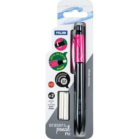MILAN PL1 MC PENCIL PLUS 2 SPARE ERASERS HB 0.5mm BLIST