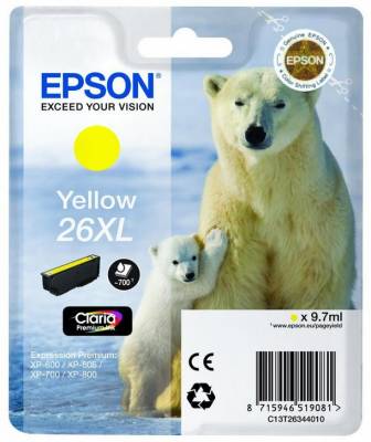 C13T26344012Epson Singlepack Yellow 26XL Claria Premium Ink