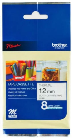 Brother M-K231 12mm x 8m Black on White Non-Laminated Tape